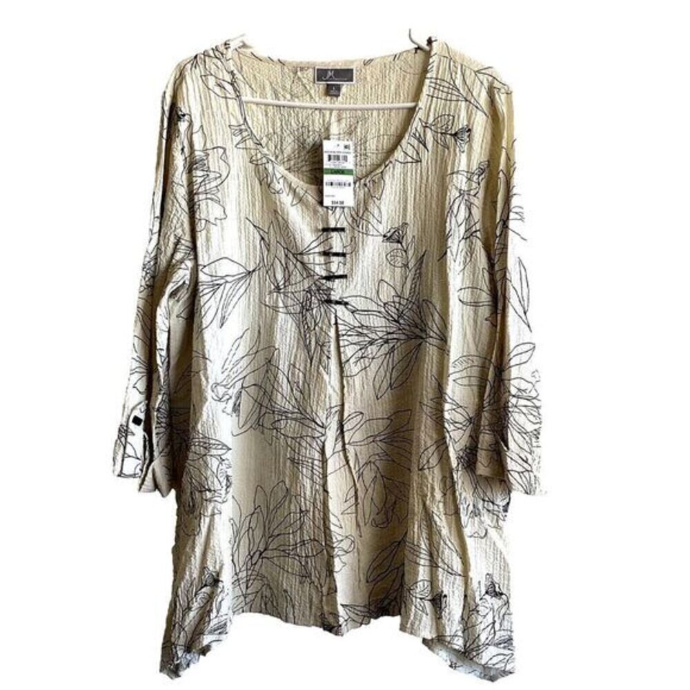 JM COLLECTION Women's 3/4 Sleeve Blouse Beige/Black Size L Woven Dressing‎ Rayon